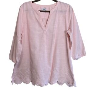 Croft & Barrow Womens Petite Large Pink Striped Eyelet Hem Tunic Top 3/4 Sleeve